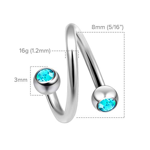 2Pc Twisted Barbell 16G Piercing Earrings Helix Cartilage Twist 316Lvm Surgical Steel Daith Spiral Belly Button Ring Navel Gauge Twister Body Jewelry Cz Aquamarine Crystal 8Mm #TOP1
