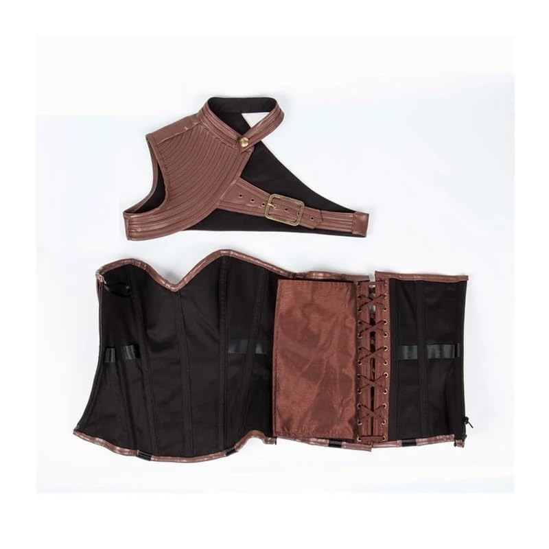 Brązowy gorset vintage gotycki w stylu steampunk, kurtka w stylu burleski, pancerz na ramionach, bolerko overbust, gorset ze stalowymi fiszbinami