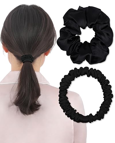 【ヘアケアのプロ監修】 シルク シュシュ-ヘアゴム シルクゴム 髪ゴム 跡がつかない SILK100% 大人 おしゃれ 太め 2本セット (ブラック)のサムネイル