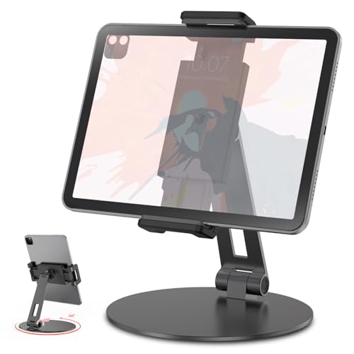 Rotating Tablet Stand in gray aluminum with 360-degree base