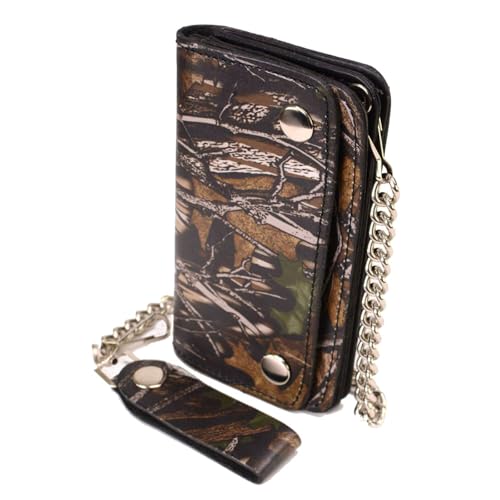 Milwaukee Leather MLW7803 Men's 6” Camouflage Bi-Fold Leather Wallet w/Anti-Theft Stainless Steel Chain - 6 Inch