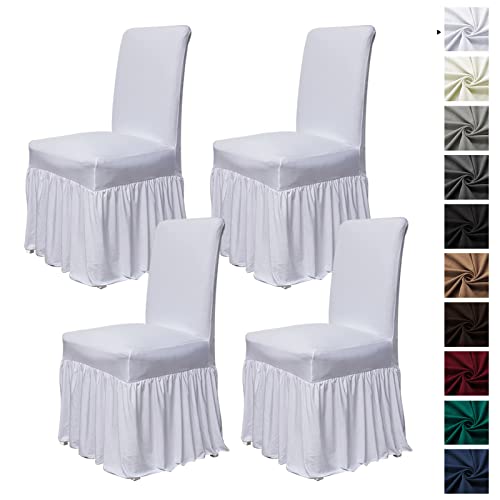 molasofa Chair Covers for Dining Room Set of 4 Stretch Chair Slipcovers with Skirt for Kitchen Seat Protectors Wedding Banquet Decor Kids Pets Spandex Fabric Washable (4pcs, White)
