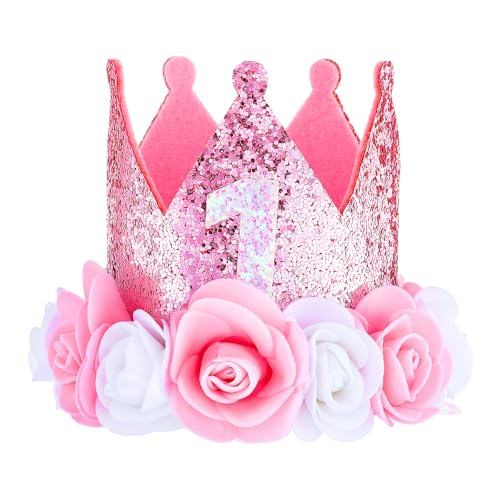 Wanmu First Birthday Crown for Girls, First Birthday Hat, Pink Sprinkle 1 Year Rose Gold Baby Girl Decoration, One Year Old Flowers Princess Outfit for Photo Props