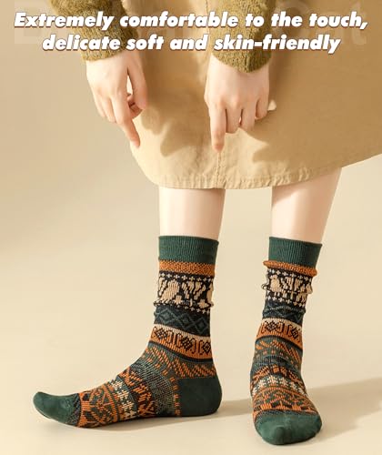 Image of IIG 5 Pairs Womens Pretty Vintage Wool Socks Unique Print Design Soft Cozy Warm Crew Socks Christmas Gift