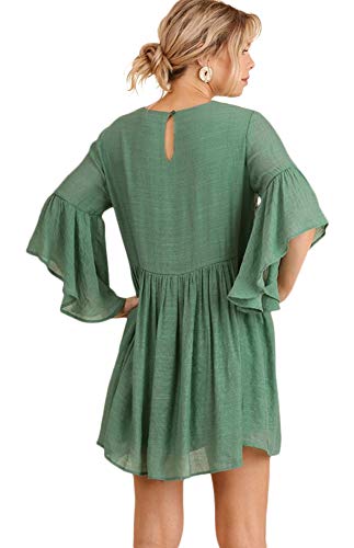 Umgee Boho Bliss! Embroirdered Bell Sleeve Dress (Small, Sage)