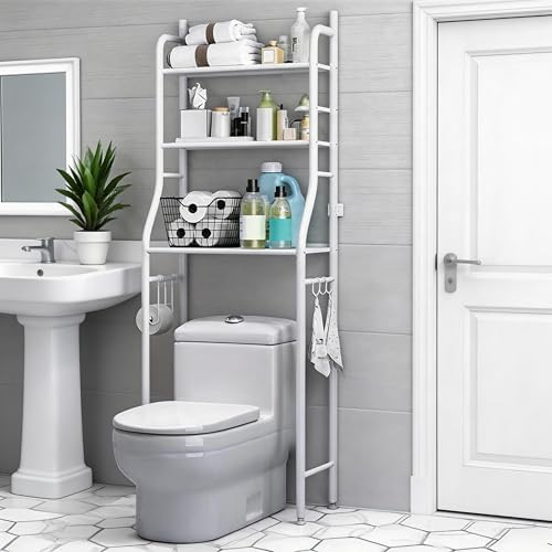 Garvee 3-Tier Over the Toilet Shelf with Removable Towel Hooks, Floorstanding Metal Over Toilet Storage for Most Toilets, Above Toilet Shelf for Bathroom, White