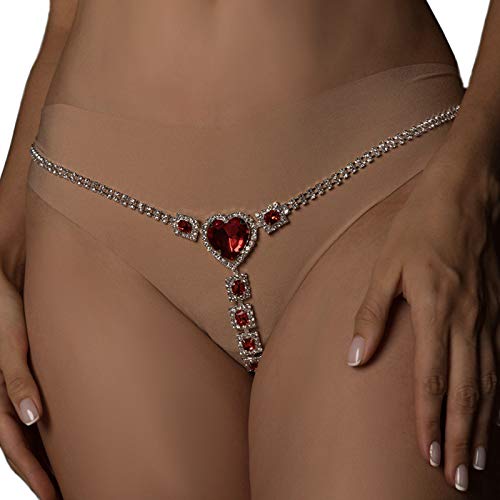 Sexy Red Rhinestone Panties Thong Crystal Heart Pendant Waist Belly Chain Bikini Body Chain Jewelry Rhinestone Underwear G-String Chain For Women(Silver 2) #TOP5