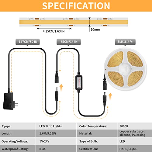 Airand Led Strip Lights Warm White Dimmable, 0.12Ft-16.4Ft Adjustable 3000K Cob Led Strip Light Flexible High-Density Lighting, Led Tape Light With Remote For Diy Living Room Bedroom Ac/Dc-Powered #TOP6