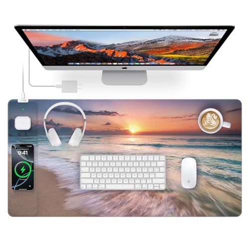 Image of Wireless Charging Mouse Pad, 31.5 inchx15.8 inch in, Beach Sunset | Anti-Fray Stitched Edges, Waterproof Premium Textured Surface, Non-Slip Rubber Base, with 20W PD Adapter