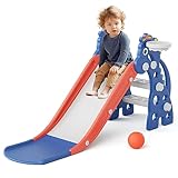 GLAF Toddler Slide Indoor for Toddlers 1-3 Baby Slide Outdoor Playset with Basketball Hoop and Ball Plastic Foldable Slides for Kids Backyard Climber Set (Blue)