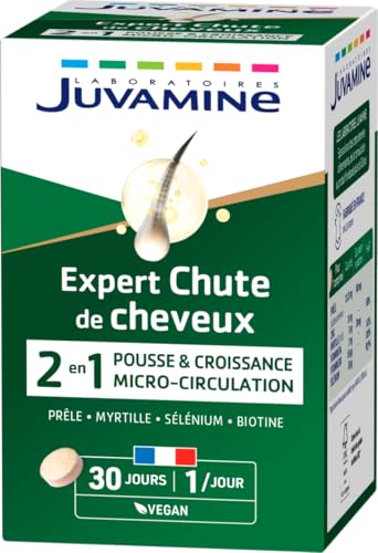 JUVAMINE - Chute de Cheveux : Pousse + Croissance - 6 Actifs Beauté dont Zinc et Biotine - Favorise la Croissance et la Résistance des Cheveux - Programme de 1 mois - 30 Comprimés - Fabriqué en France