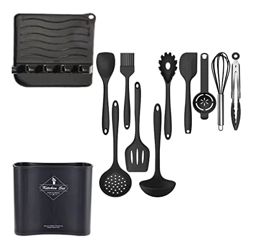 Conjunto de utensílios de cozinha de silicone com 11 peças, resistente ao calor, espátula, colher, e