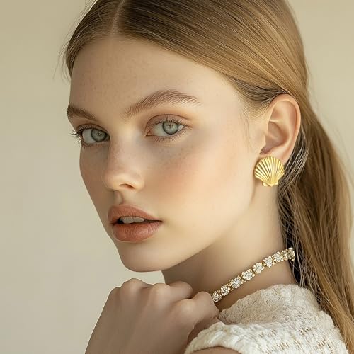 Gold Earrings for Women 14K Gold Studs Earrings for Women Stud Shell Earring for Womens Studs Realistic Shell Texture Stud Earring for Womens 23.5mm3