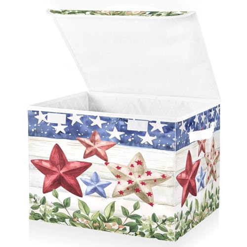 senya July Fourth Baskets Collapsible Storage Bins with Lids, American Flag Stars Storage Boxes Clothes Baskets for Organizing, B06D22020