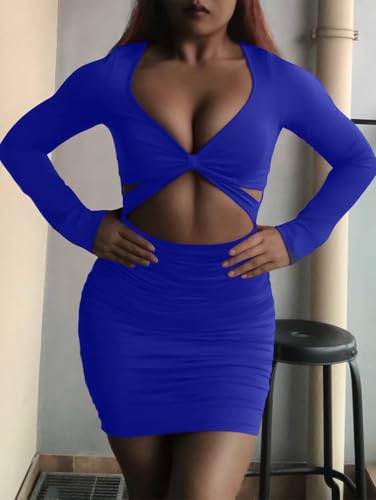 XXTAXN Minivestido feminino sexy colado ao corpo, gola V profunda, manga comprida, recorte, Azul roy