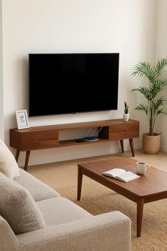 Image of Streem Solid Sheesham Wood Entertainment TV Unit for Living Room | Media TV Cabinet | Open Shelf & 2 Door Drawer Storage | 120 CM | Floor Mount