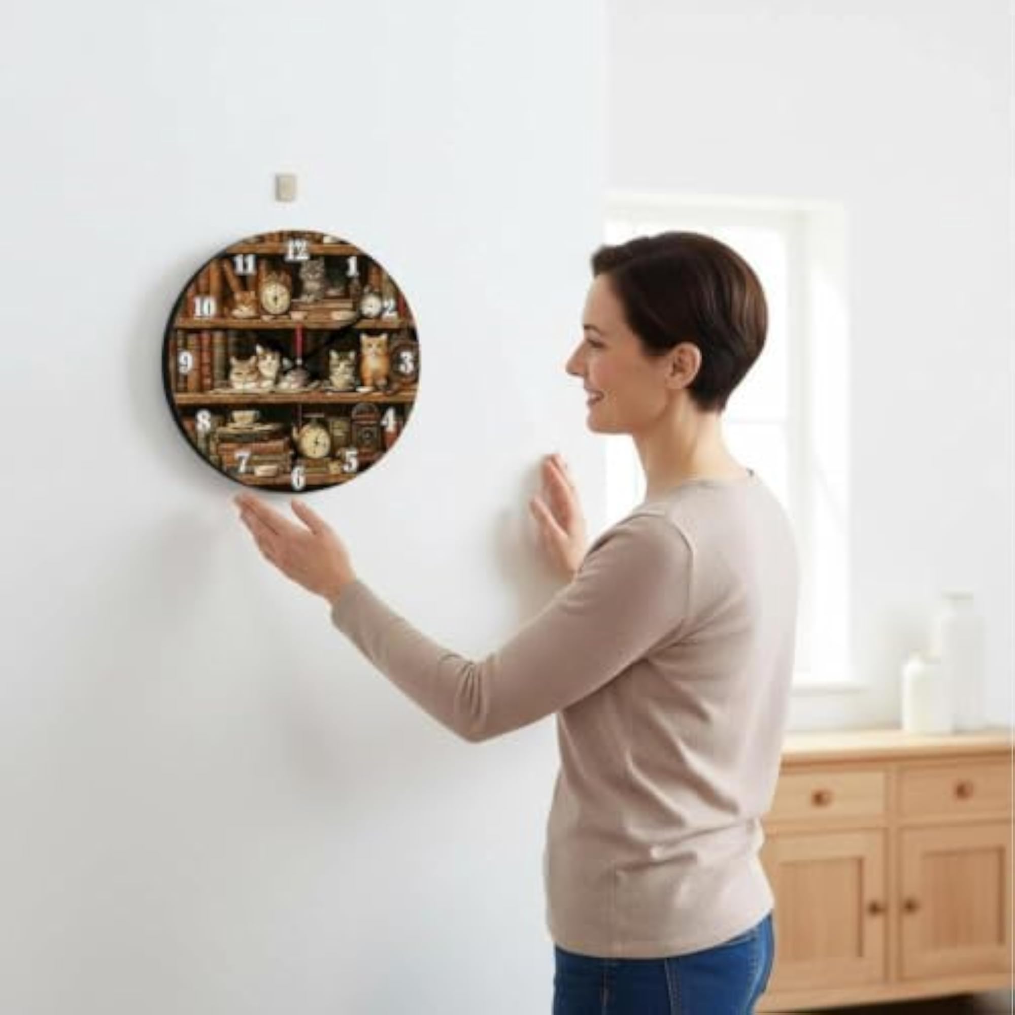 Cat Print Decorative Round Wall Clock, Creative Home Decor