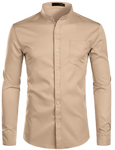 ZEROYAA Men s Banded Collar Slim Fit Long Sleeve Casual Button Down Dress Shirts with Pocket ZLCL09 Khaki Medium