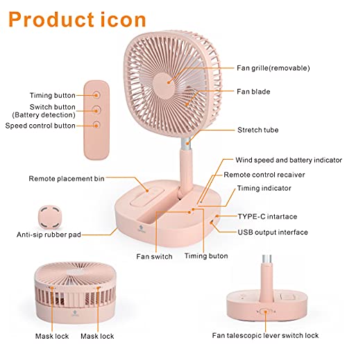 Portable Pedestal Fan - Foldaway Standing Fan Foldable Desk Fan, Wireless Use 7200Mah Rechargeable Battery, Remote Control Telescopic 4 Speed Quiet Timer Fan For Home Kitchen Outdoor Camping (Pink) #TOP4