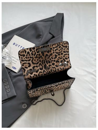 Image of RoseSeek Women's Leopard Print Chain Shoulder Bag Metal Buckle Handbags Leather Clutch Purse