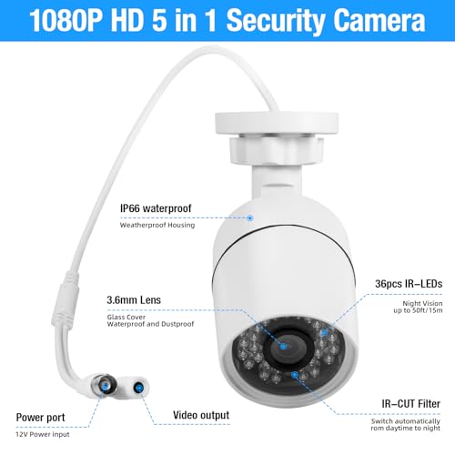 Image of Fuers 1080P CCTV Camera Outdoor Indoor Hybrid 5 in 1 HD AHD /CVI /TVI /CVBS /XVI Home Security Cameras System,Night Vision,Waterproof ABS Housing Bullet Cam for 960H,720P,1080P, Analog Surveillance DVR