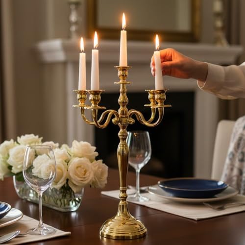 Image of Decorative Brass Gold Plated Five Arm Candle Holder Stand for Home & Hall Decore (18 inch * 18 inch * 32 inch)(Size:X-Large)