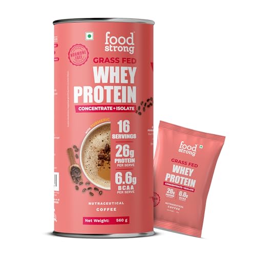 Foodstrong Whey Protein Powder (Concentrate + Isolate), 100% Hormone Free Grass-Fed Whey, 26G Protein & 6.6G BCAA, Coffee, With Turmeric & Digestive Enzymes, (16 Sachets), 560G