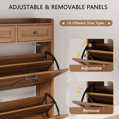 Image of Shoe Cabinet with 2 Flip Drawers & 2 Top Drawers, 43 inch Tall Freestanding Narrow Wooden Shoe Storage Organizer for Entryway, Hidden Slim Shoe Rack for Front Door Entrance, Hallway, Living Room, Walnut