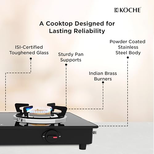 Image of KOCHE Spartek 2-Burner Gas stove | Toughened Glass, High-power Indian Brass Burners, 360 Rotate Gas Nozzle, Stainless Steel Black Powder-Coated Body, High Thermal Efficiency Cooktop | 2 Year Warranty