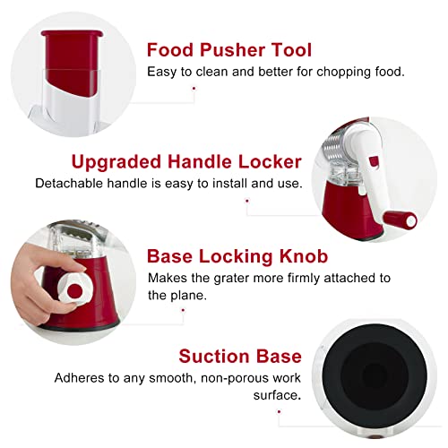 Elyum Rotary Cheese Grater Manual Cheese Grater With Handle 3 Interchangeable Stainless Steel Blades Cheese Shredder Strong Suction Base Cheese Graters For Kitchen Vegetables, Cheese And Nuts (Red) #TOP6