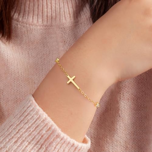 14K Gold Bracelets for Women Gold Cross Bracelet Crosses Bracelet for Womens Unique Chic Horizontal-Shaped Cross with Cubic Zircon Womens Chain Bracelets Adjustable Size (7-8.6) in4