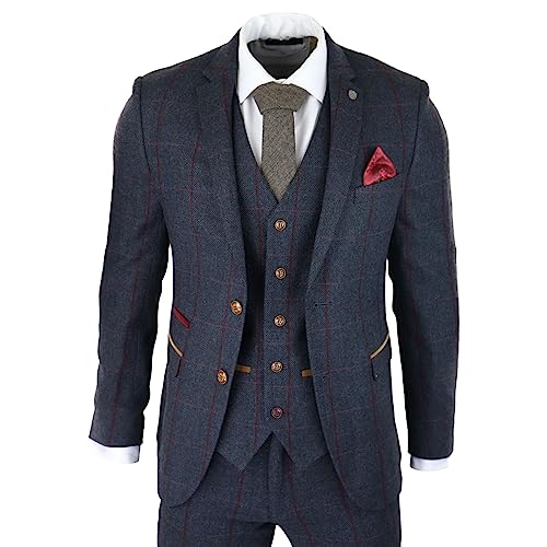 Mens Herringbone Tweed 3 Piece Navy Red Check Suit Vintage 1920s Tailored Fit4