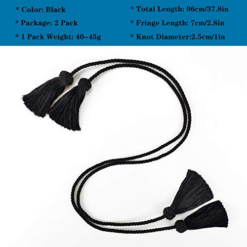 Porlau Elegant Curtain Tiebacks Rope Decorative Curtain Tie Backs for Drapes Hand Woven Window Treatment Holdbacks with Tassel, Black 2pack