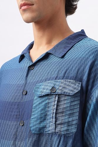 Image of Men's Indigo Blue Gradient Drop Shoulder Long Sleeve Casual Button-Down Shirt