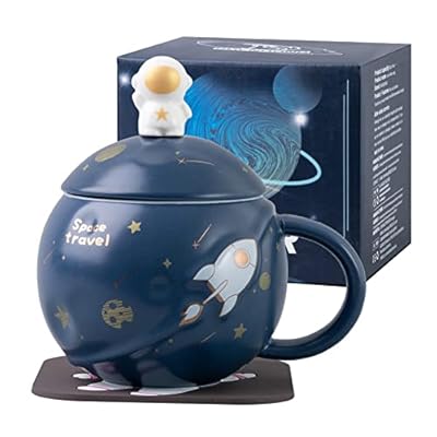 SHENDONG Kawaii - Taza de astronauta en relieve espacial, bonita taza de café de cerámica, taza de mañana novedosa con tapa y cuchara kawaii para café, taza espacial para niñas,amigos, azul profundo | Ya disponible en tu tienda friki favorita! En mundofriki.es!
