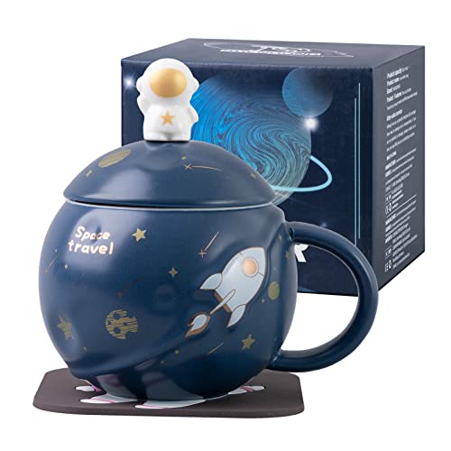SHENDONG Kawaii - Taza de astronauta en relieve espacial, bonita taza de café de cerámica, taza de mañana novedosa con tapa y cuchara kawaii para café, taza espacial para niñas,amigos, azul profundo