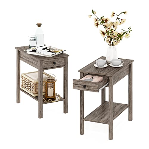 Image of Furinno Classic Rectangular Side Table with Drawer, Set of 2, Rustic Oak