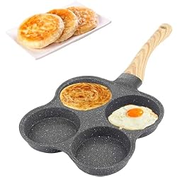 Cacerola Para Panqueques Sartén de 4 Agujeros, Sartén Antiadherente para Panqueques, Sartén con Mango de Madera para el Desayuno, Perfecta para Huevos Fritos Caseros, Pastel de Carne, Tocino