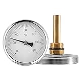 Bimetall Thermometer Durchmesser 63 mm, Axial-Zeigerthermometer 0-120°C, Zeigerthermometer mit Messing Tauchhülse(1/2 Zoll Anschluss und Schaftlänge 56mm), Metallthermometer für Heizsysteme und Boiler