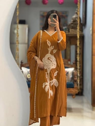 Image of ANNI Designer Women Rayon Viscose Straight Embroidered Kurta with Pant and Dupatta | 3 /4 Sleeve | V-Neck | Ethnic Kurta Set for Women