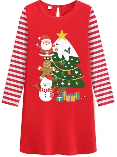 Toddler Girl Christmas Dress Kid Long Sleeve Reindeer Santa Snowman Tree Strip Patchwork Xmas Shirt Dress Clothes 4-10 Year