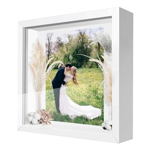EVDZNA - Marco de fotos profundo para rellenar, 25 x 25 cm, con placa acrílica transparente, marco para objetos 3D, profundidad de 3 cm, para flores, regalo de boda, color blanco