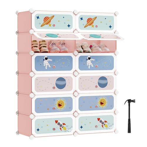 SONGMICS Estantería Modular Infantil de 12 Cubos, Zapatero para niños, Estantería plástico, Armario Modular con Puertas, para Ropa, Zapatos, Juguetes, 31 x 81 x 106 cm, Rosa Jalea LPC907R01