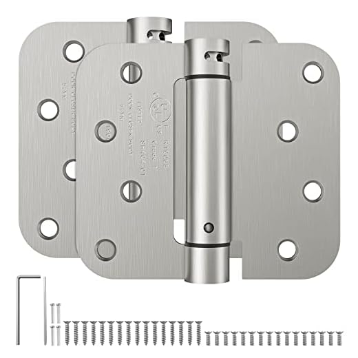 HOSOM Self Closing Door Hinges, Spring Loaded Hinges 4 Inch, Adjustable Tension for Garage, Front Door, Back Door, UL Listed, for Left and Right Hand Door, 5/8'' Radius Corners, Brushed Nickel, 2 Pack