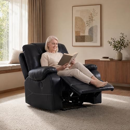 Image of Power Reclining Chair, Single Electric Recliner Furniture with USB Charging Port, Breathable PU Leather Recliners for Home Theater Seating, Living Room, Apartment, Black