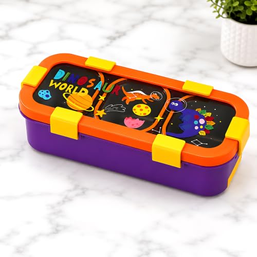 Image of HOUSIFY Kids Stainless Steel Lunch Box | Leakproof Bento Tiffin Box with 3 Compartments | BPA Free Food Grade Lunch Box for Boys & Girls | Airtight School Tiffin Box with Cutlery Storage | 500ml