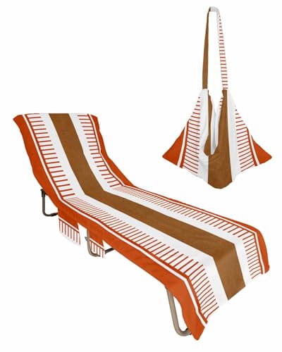 Burnt Orange Stripes Beach Chair Towel Covers for Chaise Lounge with Side Pocket, Soft Plush Pool Towels Cover for Patio Sunbathing Outdoor Farmhouse Vintage Boho Stripes Brown 29''x85''