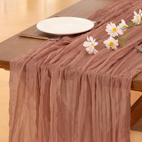 Image of Socomi 2pcs Dusty Rose Easter Spring Cheesecloth Table Runner Boho Rustic Gauze 120 inch 10FT Cheese Cloth Runner for Wedding Party Baby Shower Birthday Home Decor Holiday Decorations