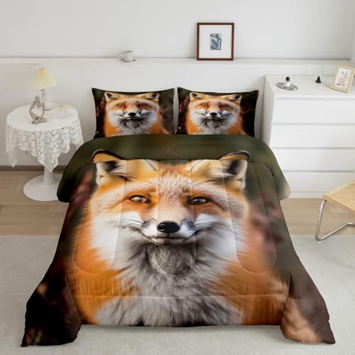 Image of Feelyou Fox Woodland Digital Comforter Set Queen Size Bedding | Adults Animal Nature Wildlife Realistic 3d Print Breathable Duvet Set Quilt Set Room Decor Warm Cozy Lightweight All Season