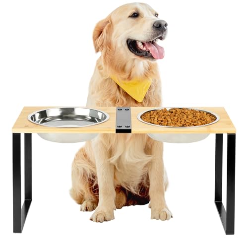 GUUSII HOME Comedero Perro Elevado Grande Soporte Cuenco y Bebedero Alto para Perros Grandes Medianos Elevador Comederos de Bambú con 2 Cuencos de Acero Inoxidable 1500ml Fácil de Montar 57.5*24*29cm